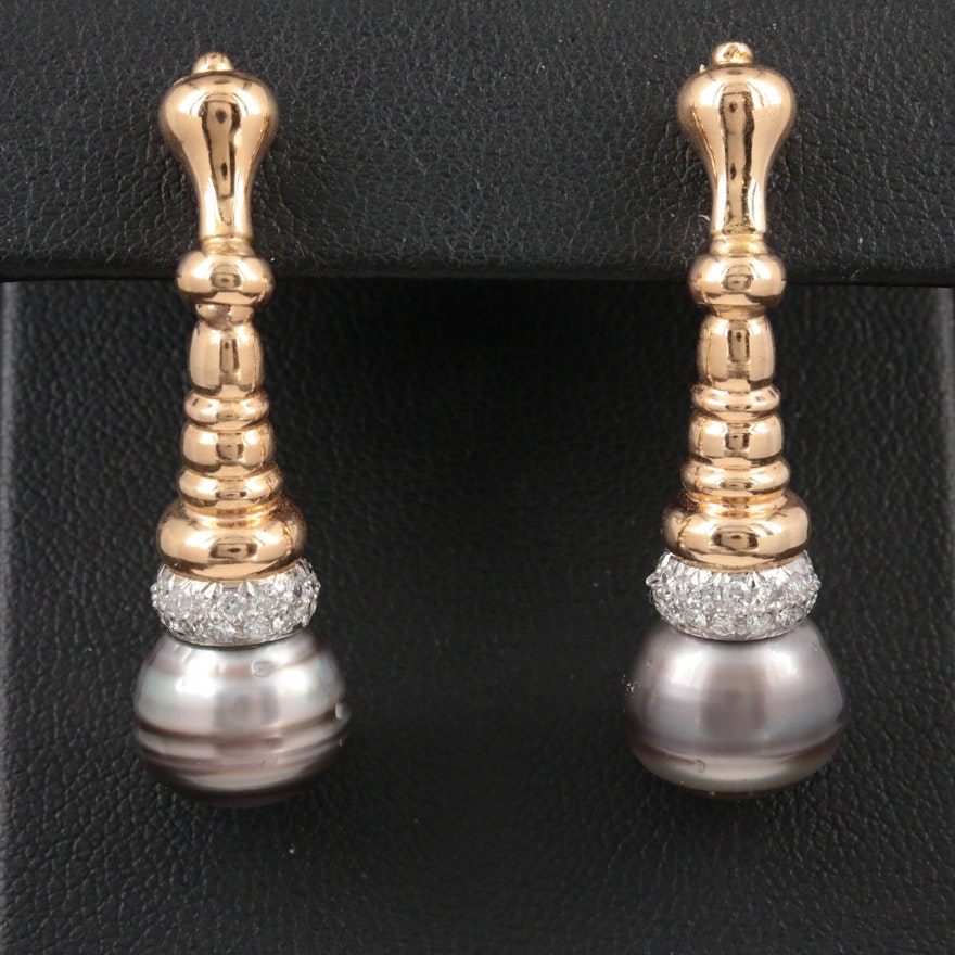 18K Yellow Gold Pearl and Diamond Drop Earrings