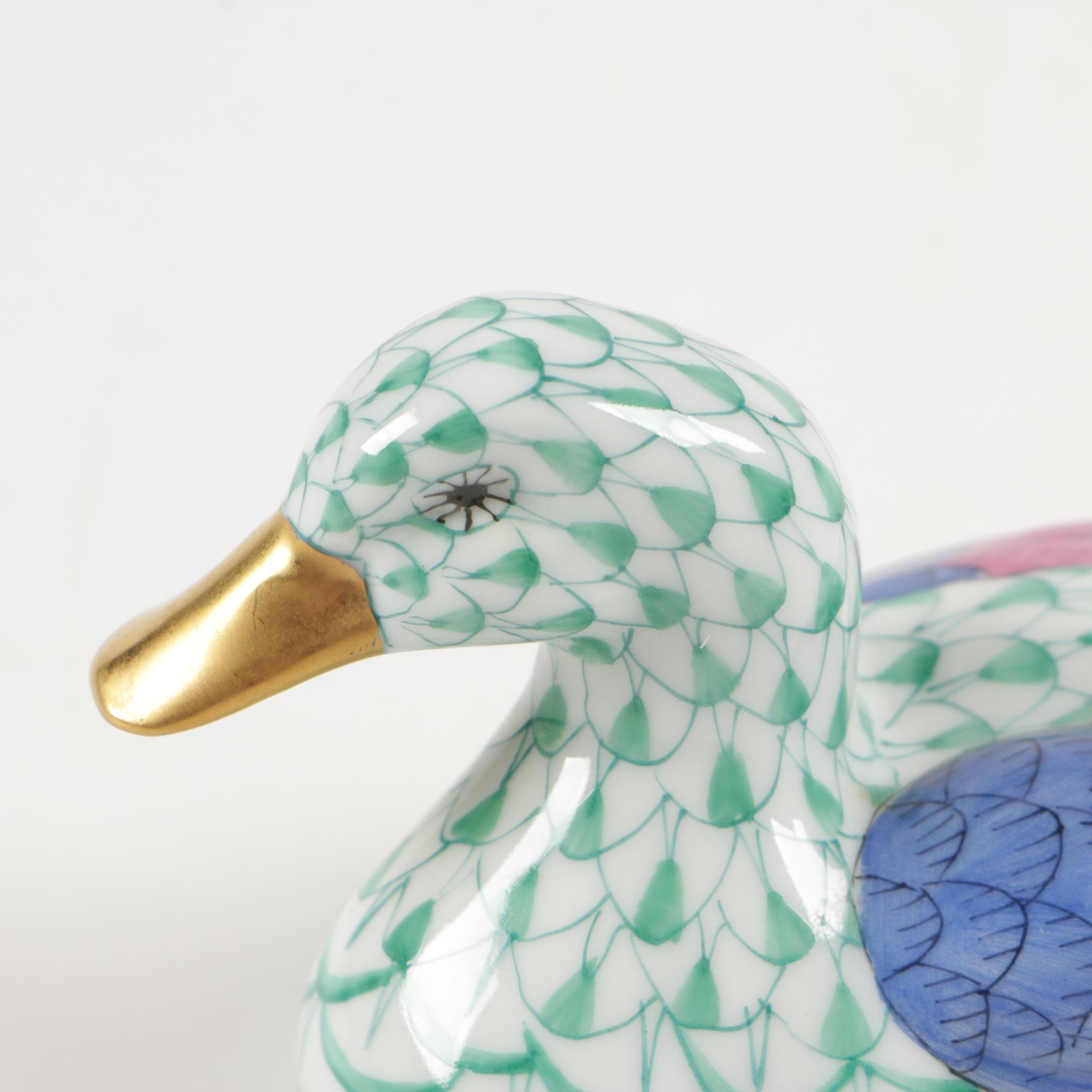 Herend Green Fishnet with Gold "Duck" Porcelain Figurine, January 1993