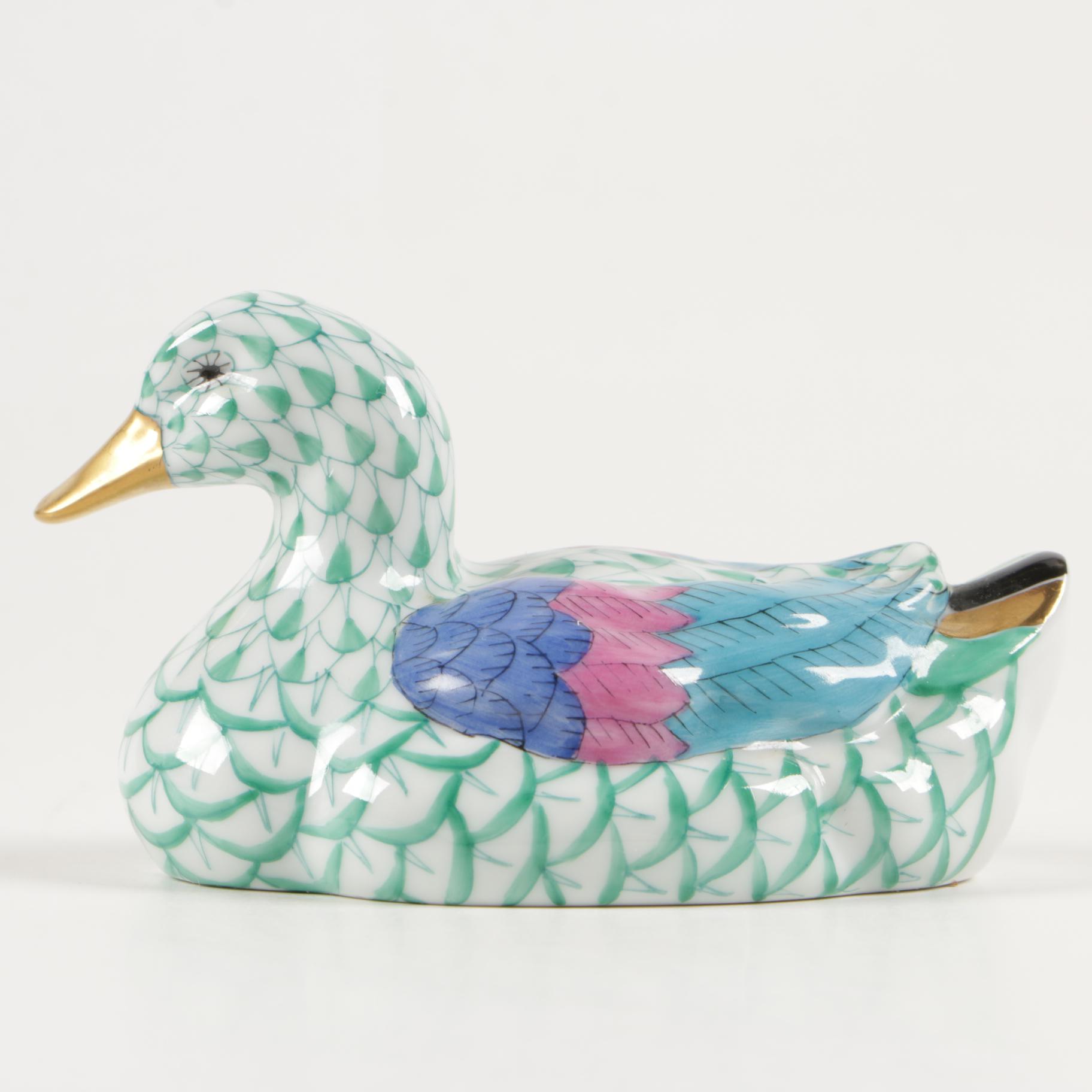 Herend Green Fishnet with Gold "Duck" Porcelain Figurine, January 1993