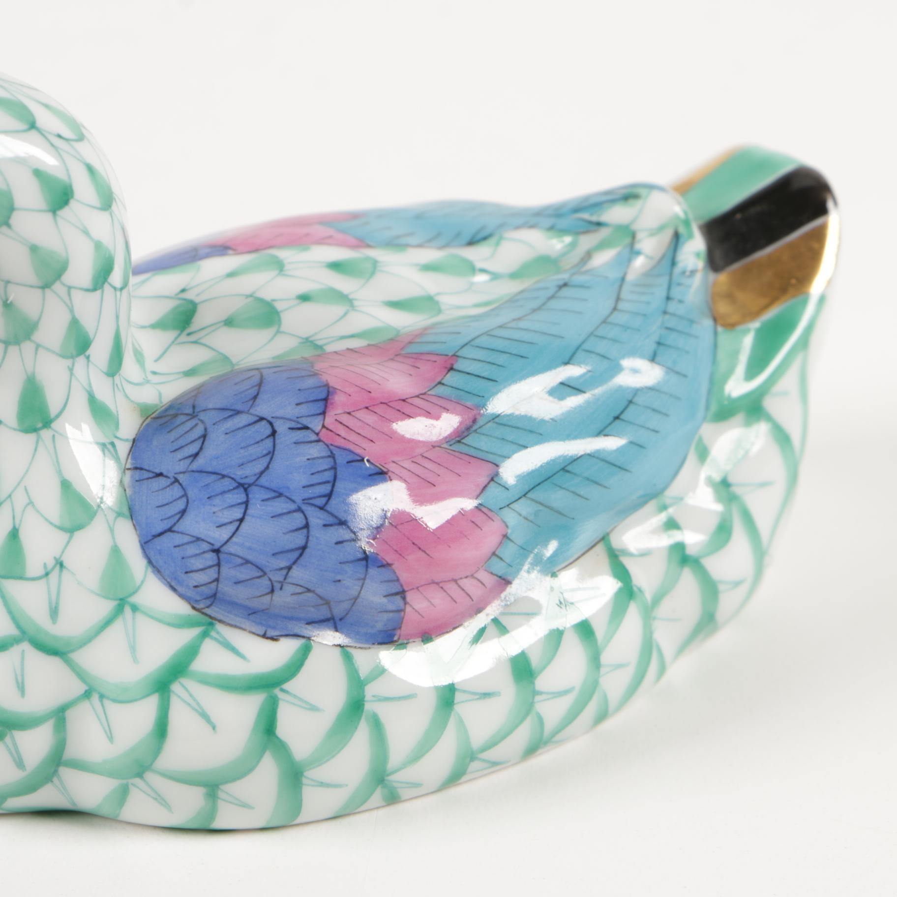 Herend Green Fishnet with Gold "Duck" Porcelain Figurine, January 1993
