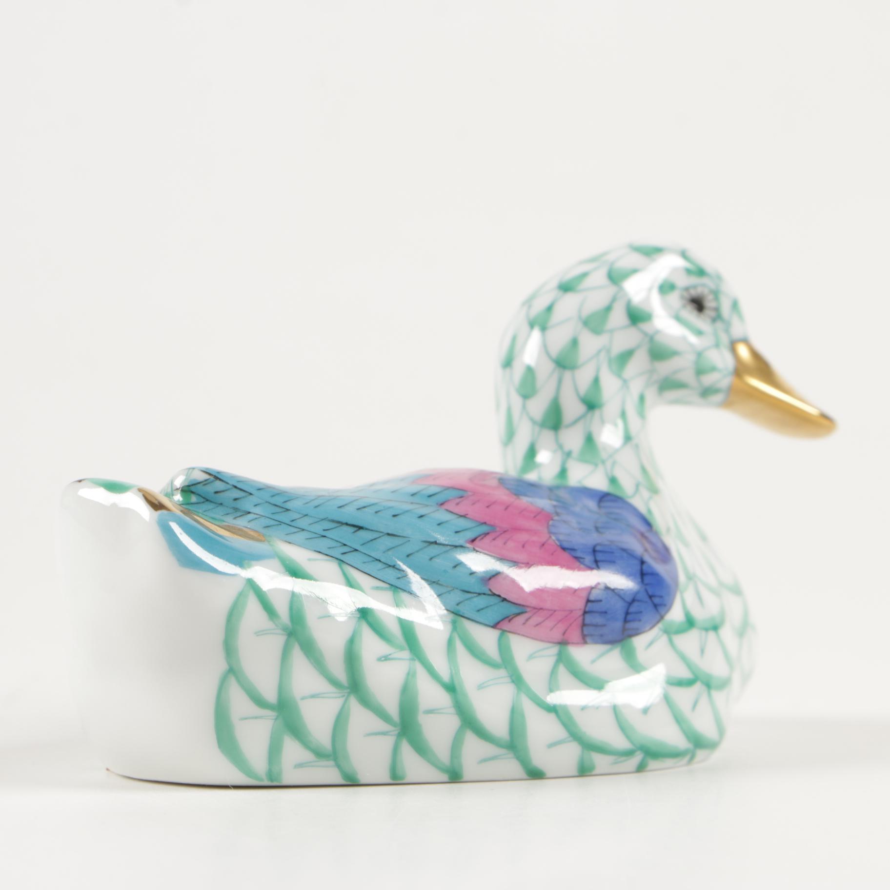 Herend Green Fishnet with Gold "Duck" Porcelain Figurine, January 1993