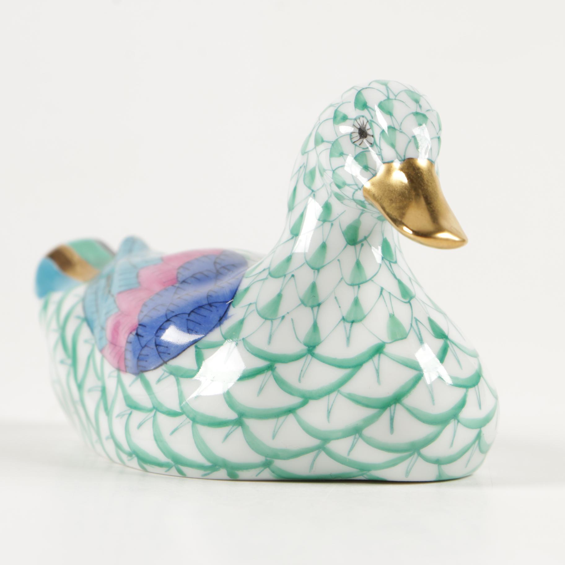 Herend Green Fishnet with Gold "Duck" Porcelain Figurine, January 1993