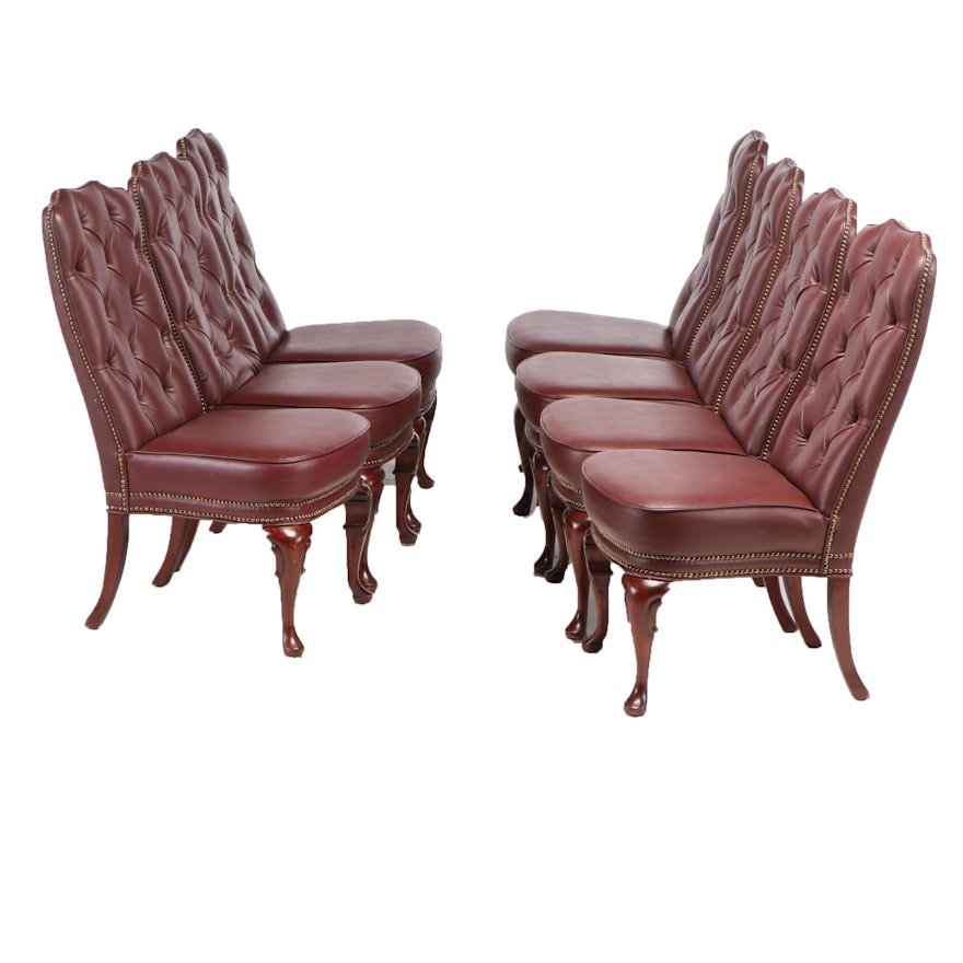 Seven George II Style Mahogany-Stained and Button-Tufted Vinyl Side Chairs