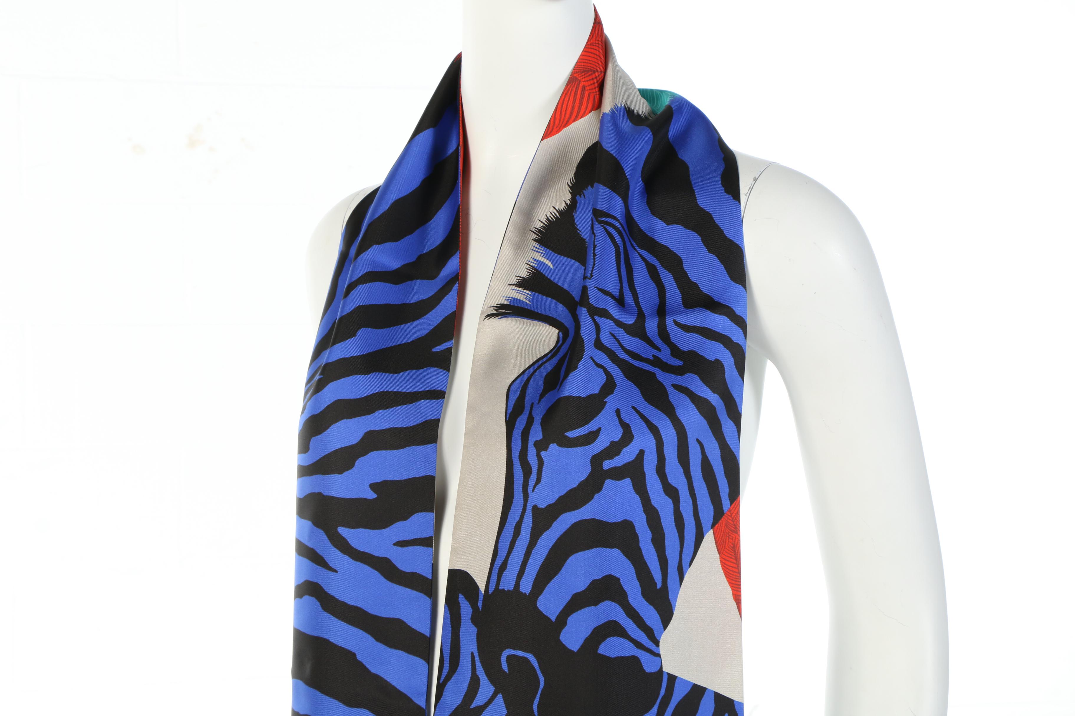 Hermès "Zebra Pegasus" Maxi Twilly Silk Scarf with Susan Lucci Signed Box