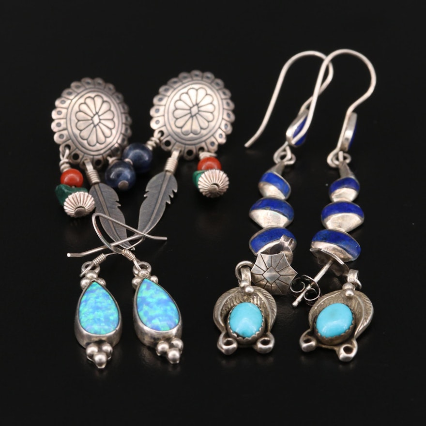 Southwestern Sterling Silver Earrings with Opal, Lapis Lazuli and Malachite