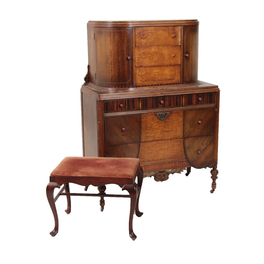Chest-on-Chest in Mixed Wood Veneers and Queen Anne Style Stool