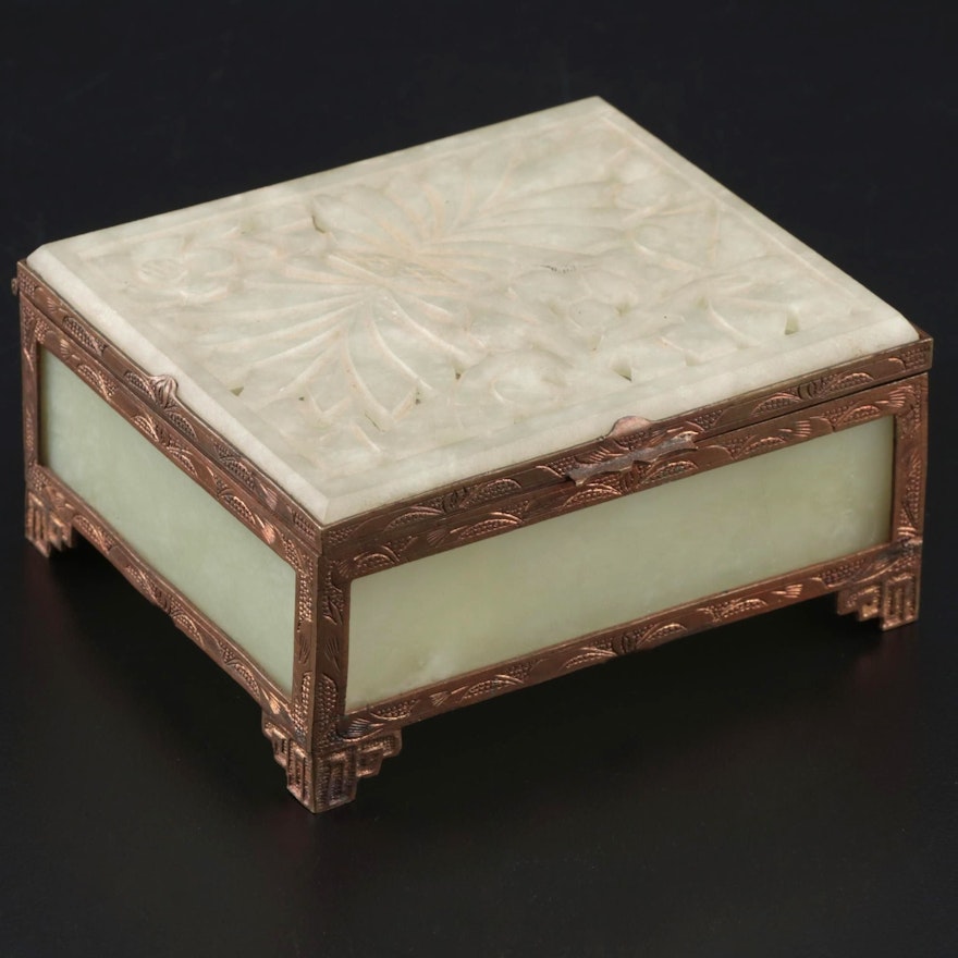 East Asian Carved Jadeite and Glass Jewelry Casket