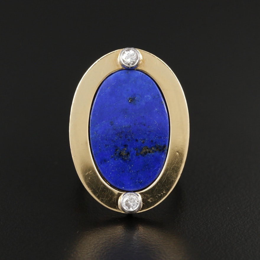 Vintage 18K Yellow Gold Lapis Lazuli and Diamond Ring with Palladium Accents