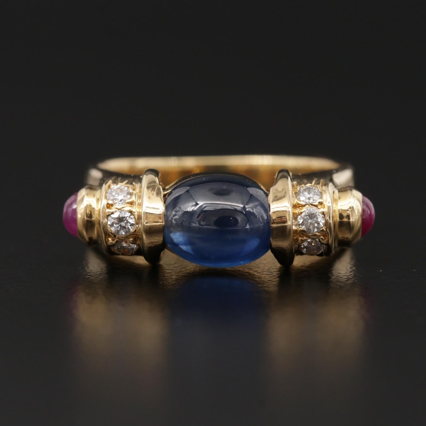 18K Yellow Gold Blue Sapphire, Ruby and Diamond Ring