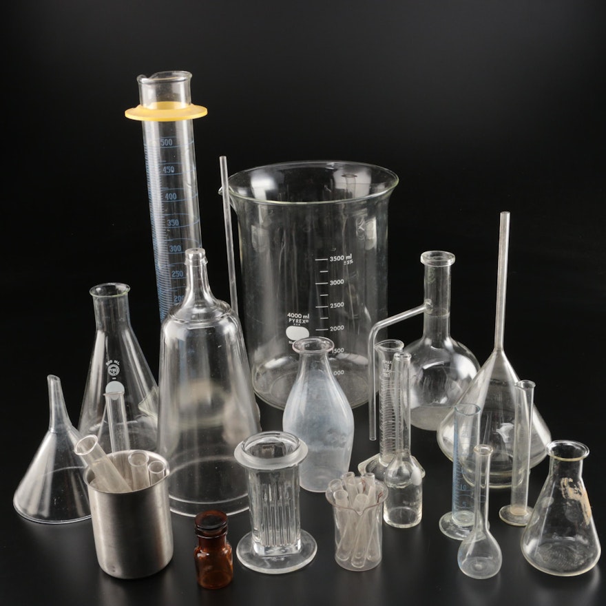Pyrex and Kimex Laboratory Glassware and Graduated Flasks Including Kimble