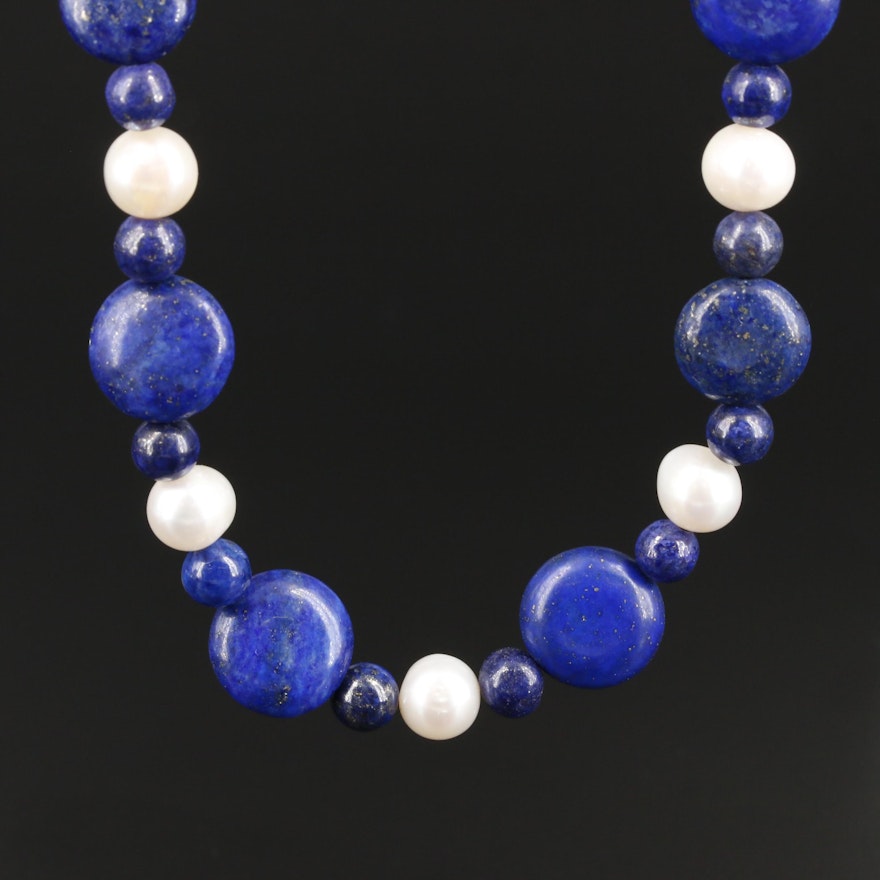 Sterling Silver Lapis Lazuli and Cultured Pearl Necklace