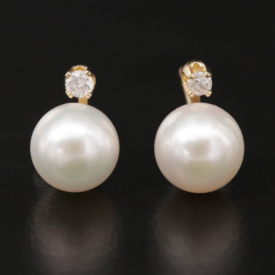 14K Yellow Gold Pearl and Diamond Stud Earrings