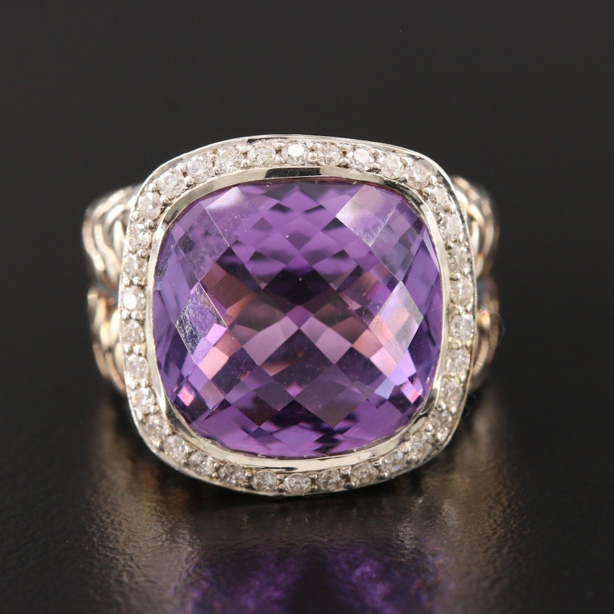 Scott Kay Sterling Silver Amethyst and Diamond Ring with Basketweave Motif