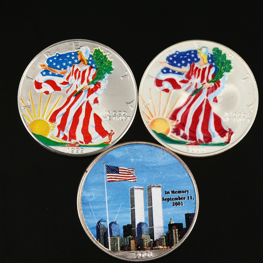 Three Colorized American Silver Eagle Bullion Coins
