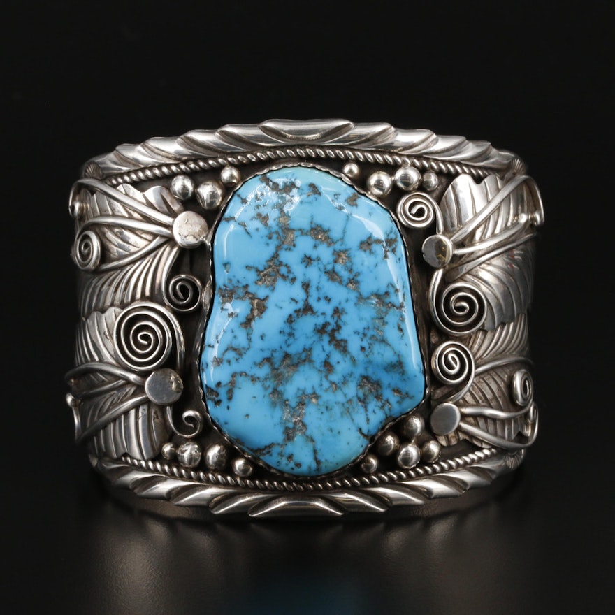 Fannie Platero Navajo Diné Sterling Silver Turquoise Cuff Bracelet