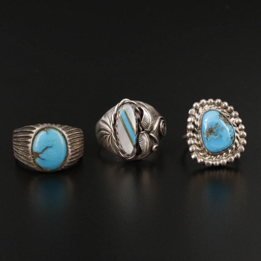 Southwestern Style Sterling Silver Turquoise and Mother of Pearl Rings