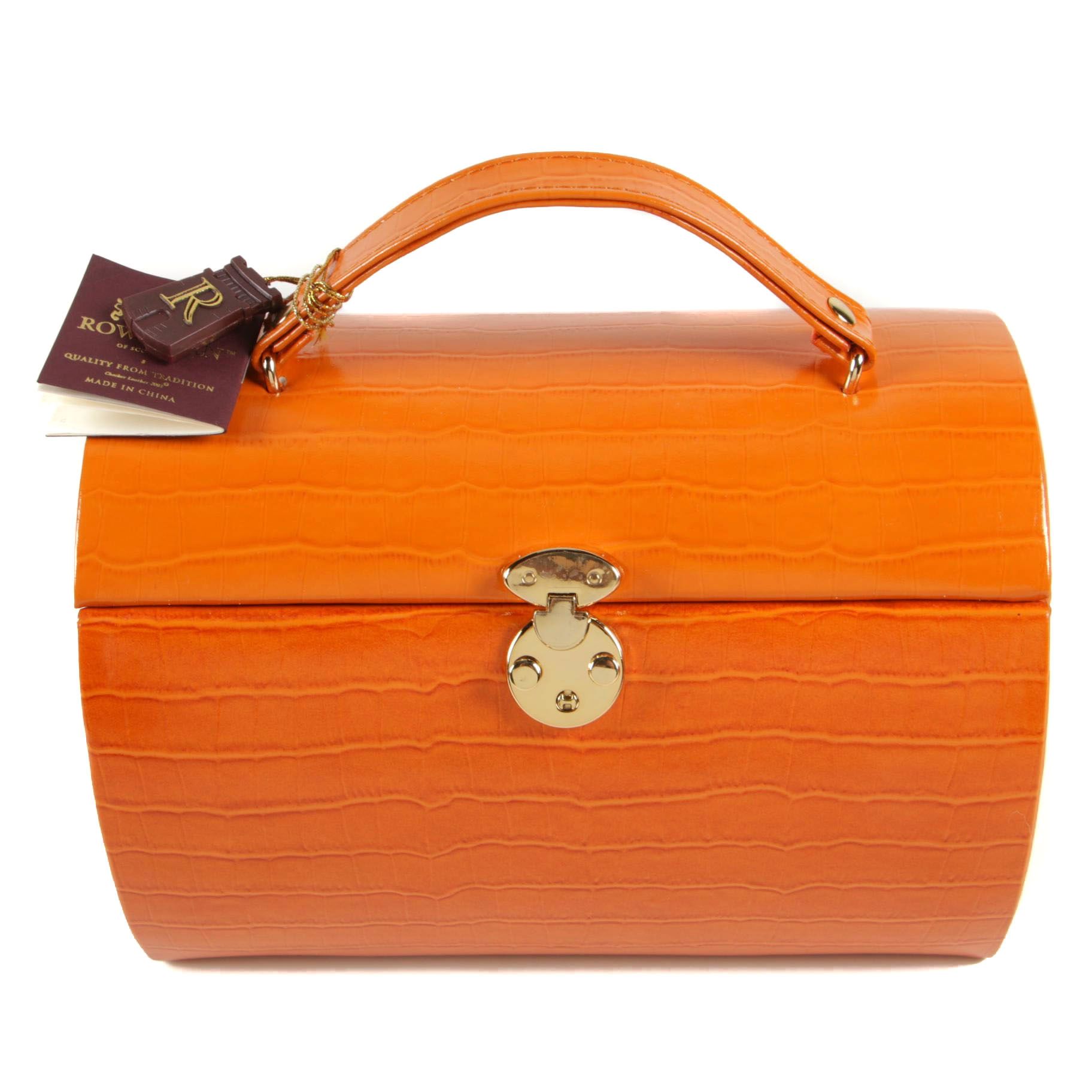 Rowallan Travel Jewelry Case in Croc-Embossed Orange Leather with Box