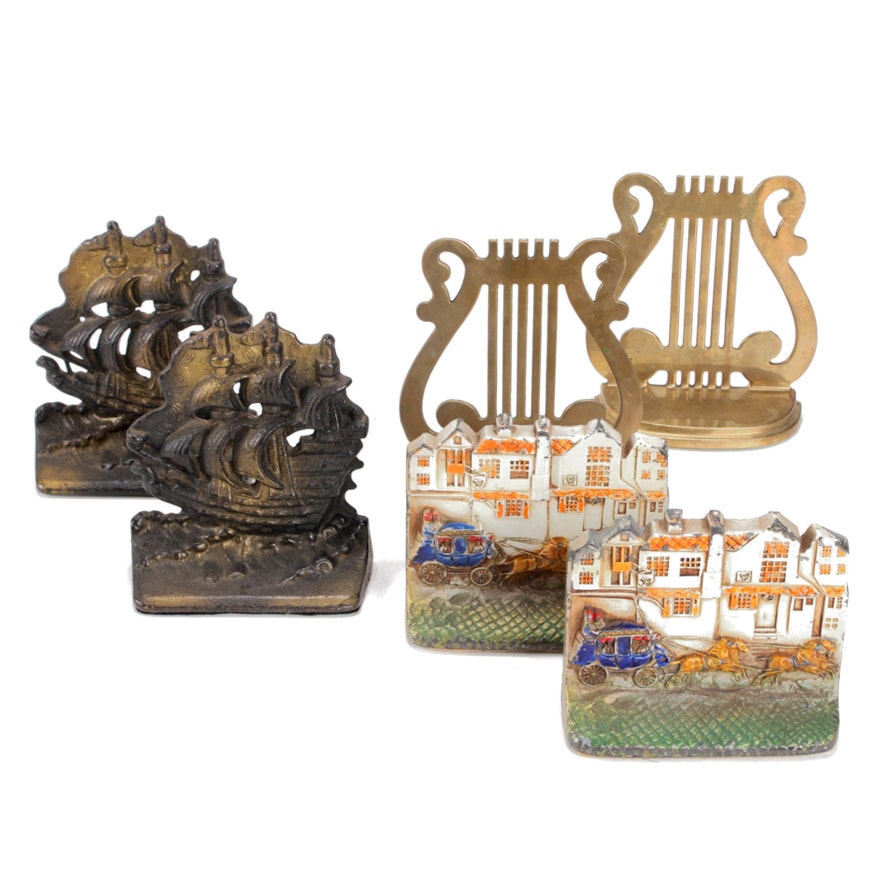 Brass and Metal Figural Bookends, Three Sets