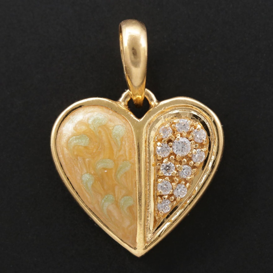 18K Yellow Gold Cubic Zirconia and Enamel Heart Pendant