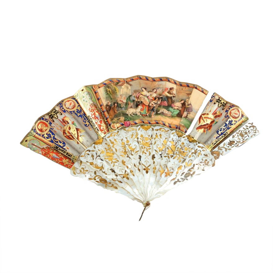 Antique Mother of Pearl and Gold Leaf Folding Fan and Félix Alexandre Fan Case