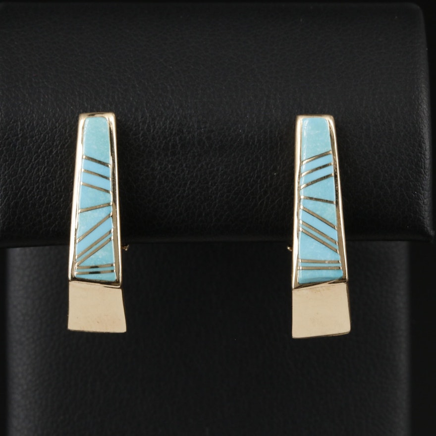 Southwestern Style 14K Yellow Gold Turquoise Inlay Earrings