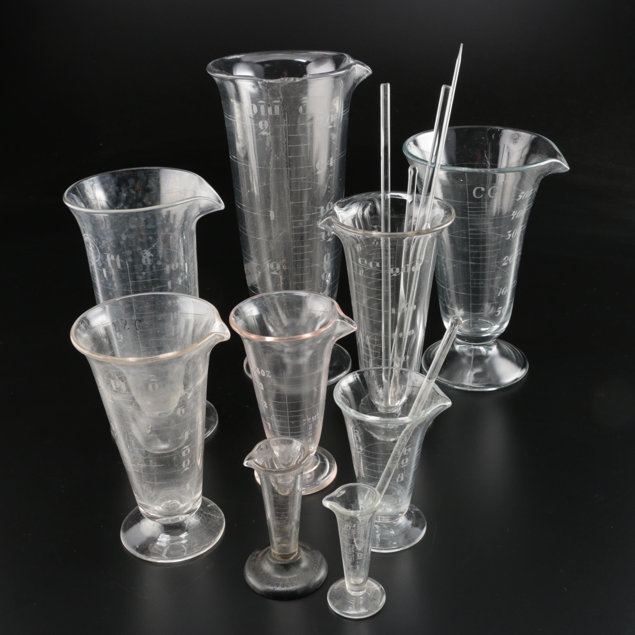 Apothecary Footed Graduated Glass Beakers, Vintage