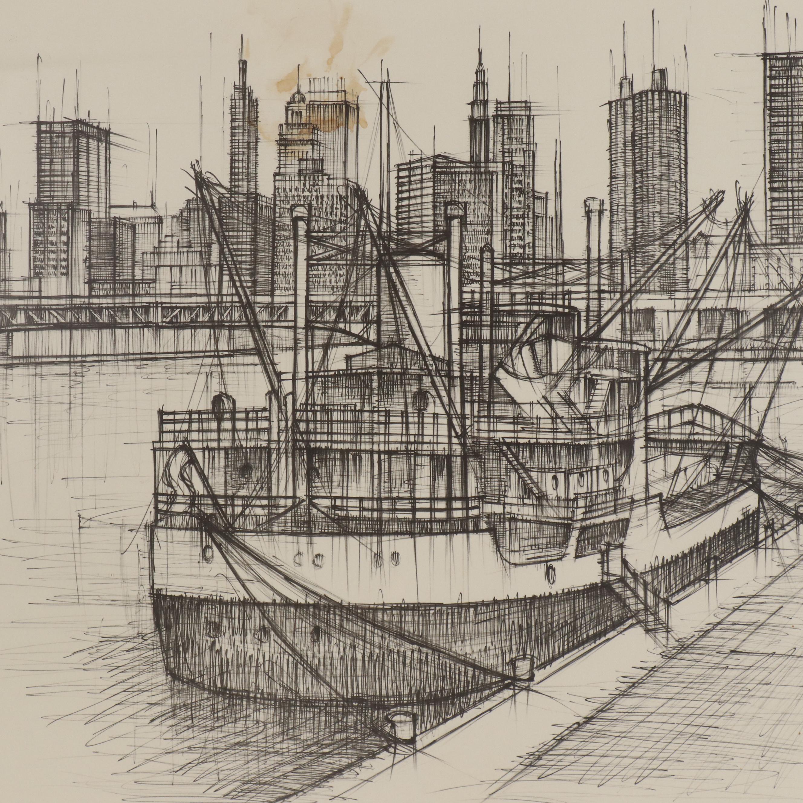 Eric Nivelle Lithograph of Cityscape with Harbor, Mid 20th Century