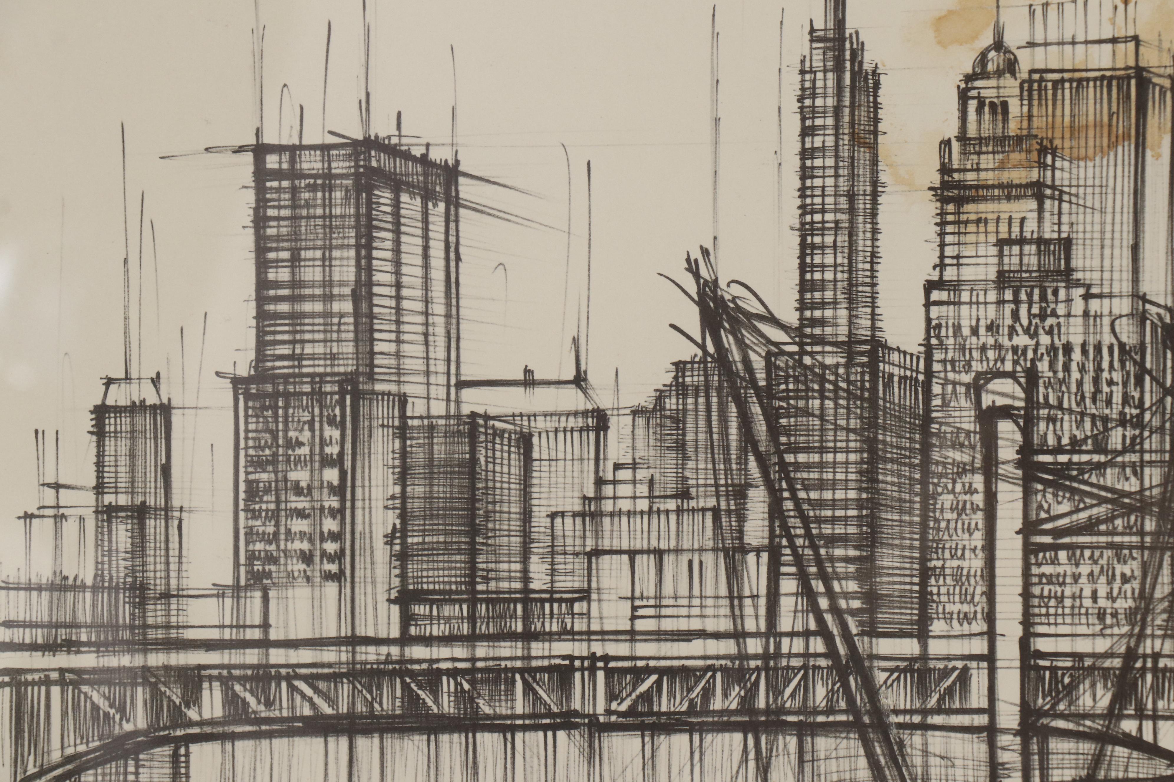 Eric Nivelle Lithograph of Cityscape with Harbor, Mid 20th Century