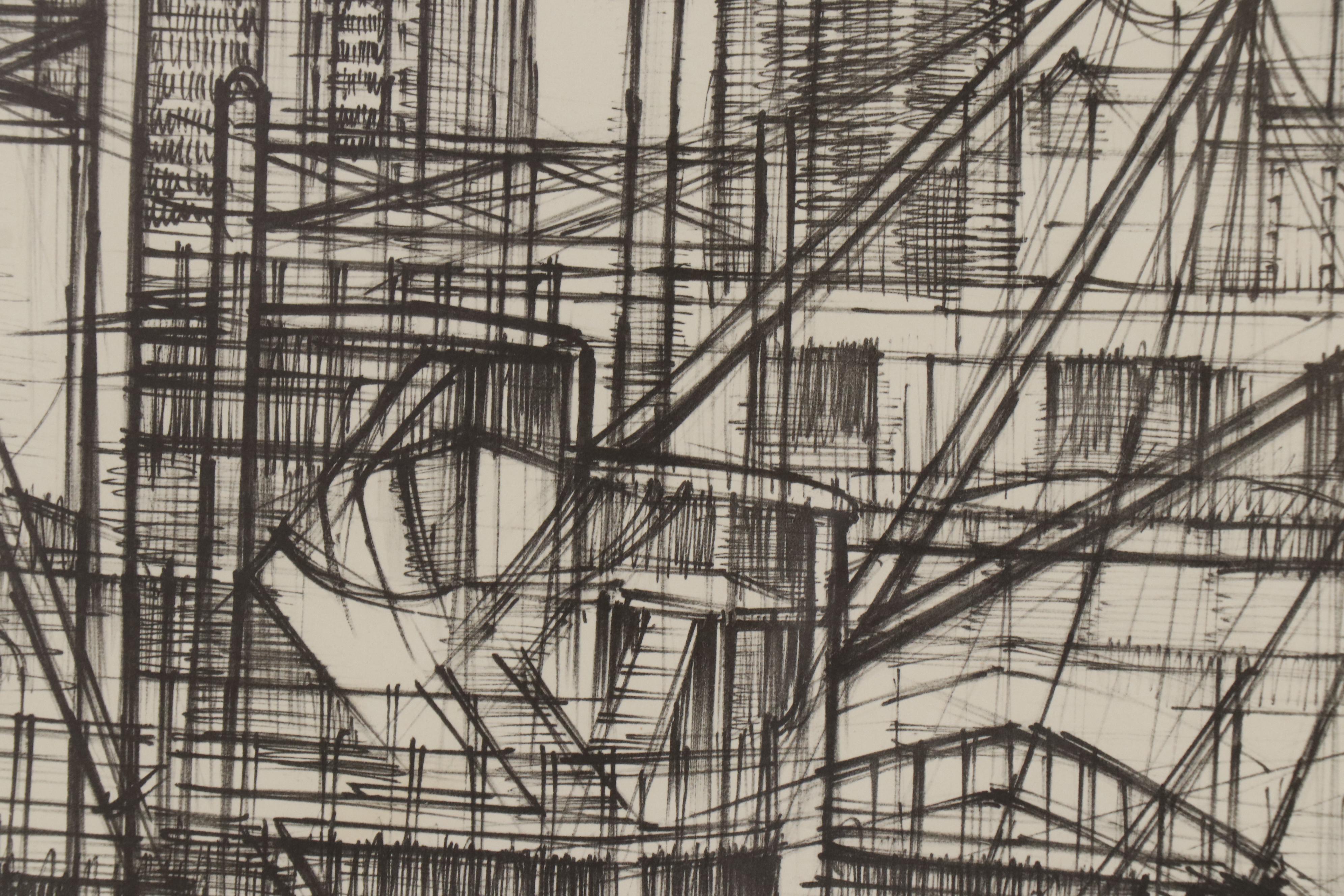 Eric Nivelle Lithograph of Cityscape with Harbor, Mid 20th Century