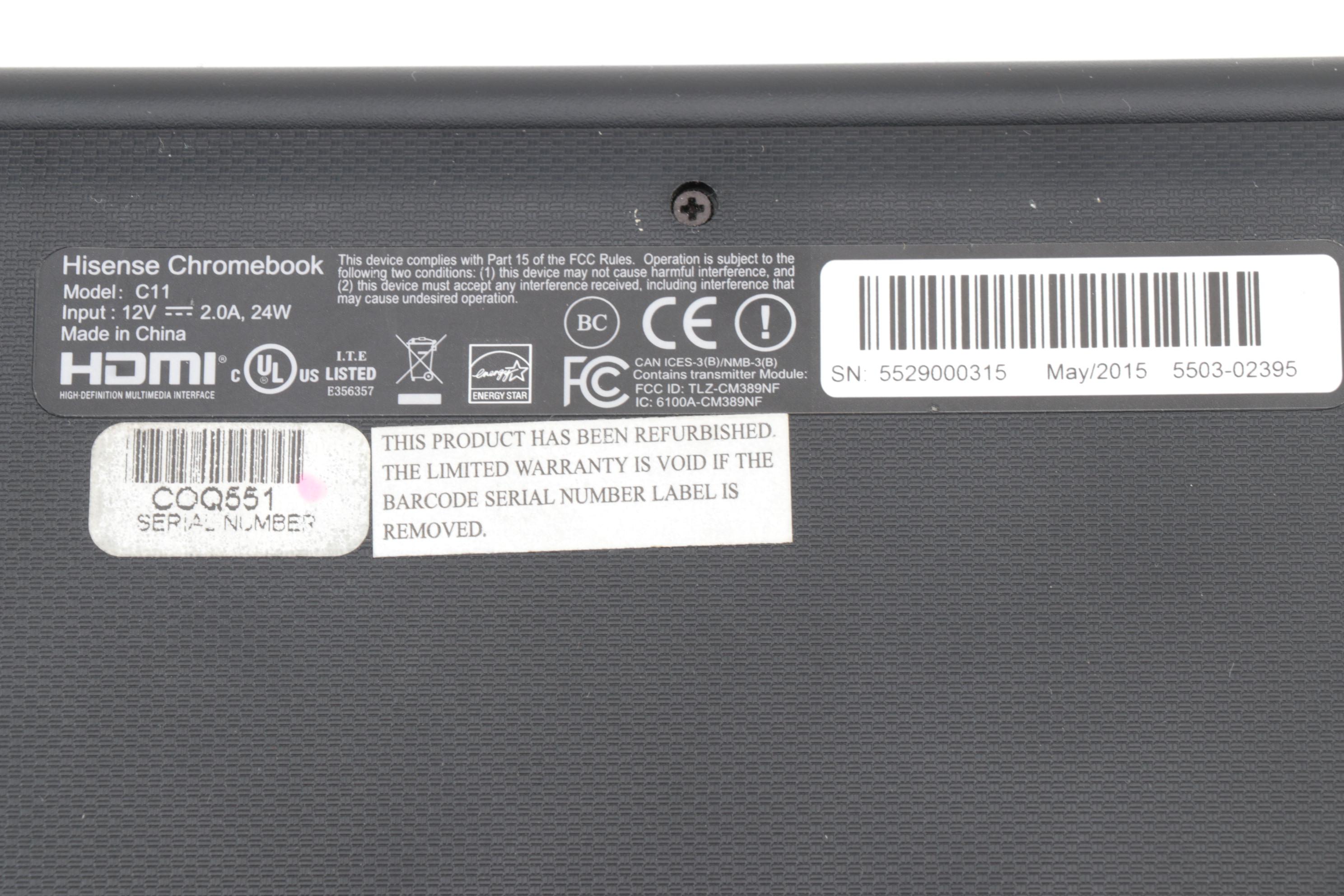 Hisense C11 Chromebook Laptop with Power Adapter, 2015