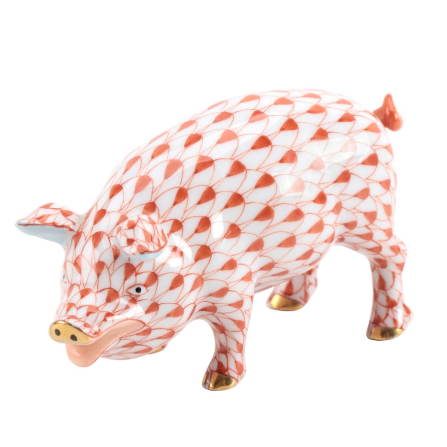 Herend Rust Fishnet with Gold "Pig" Porcelain Figurine