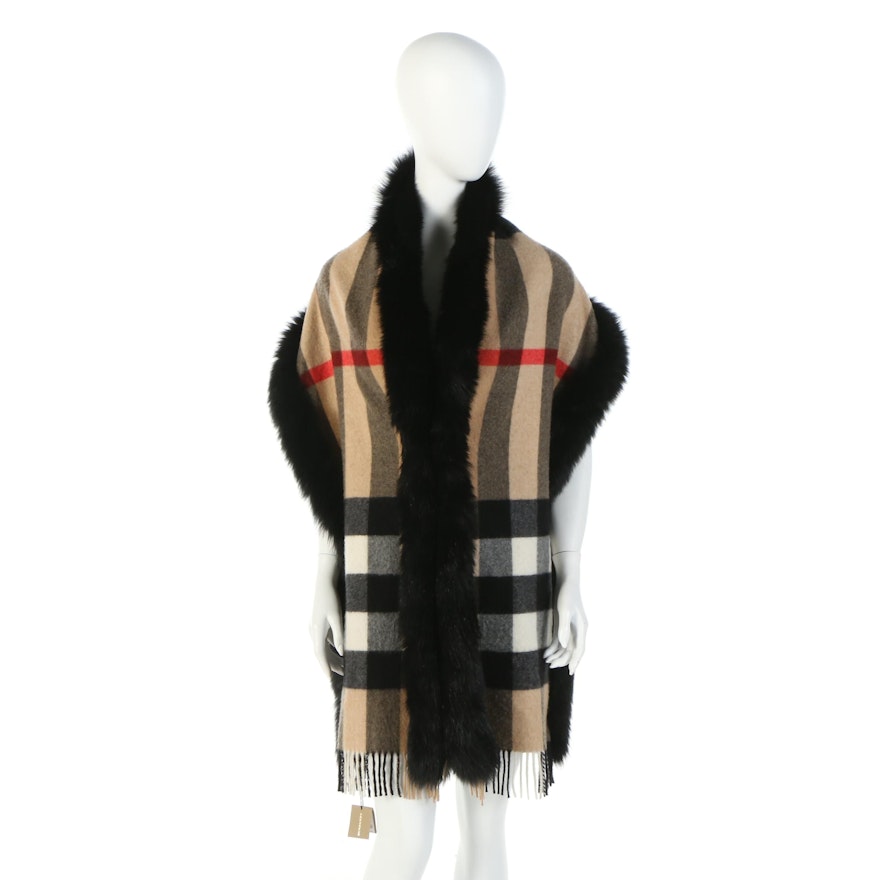 Burberry Fox Fur Trim "Mega Check" Cashmere Scarf with Susan Lucci Signed Box