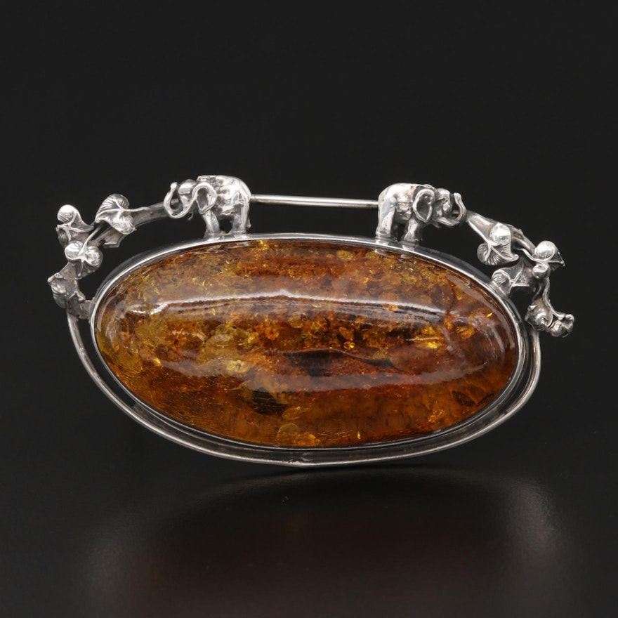 Sterling Silver Amber Converter Brooch with Elephant and Foliate Motifs