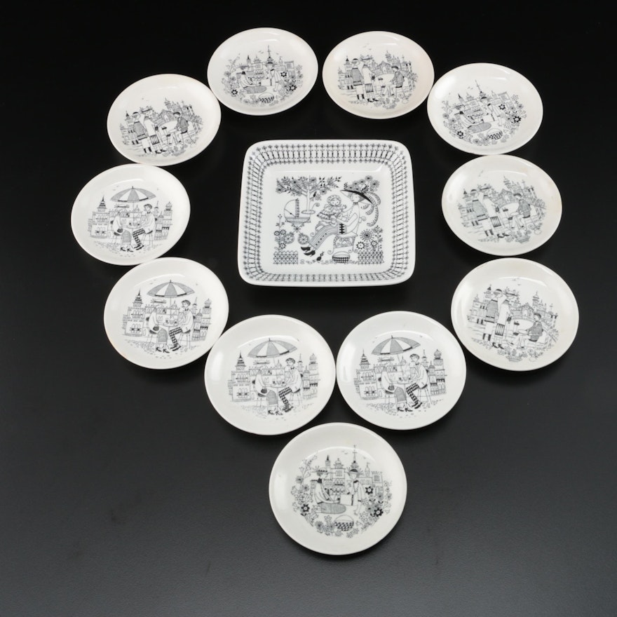 Arabia of Finland "Emilia" Bon Bon Plate and Coaster Set, Mid-20th Century