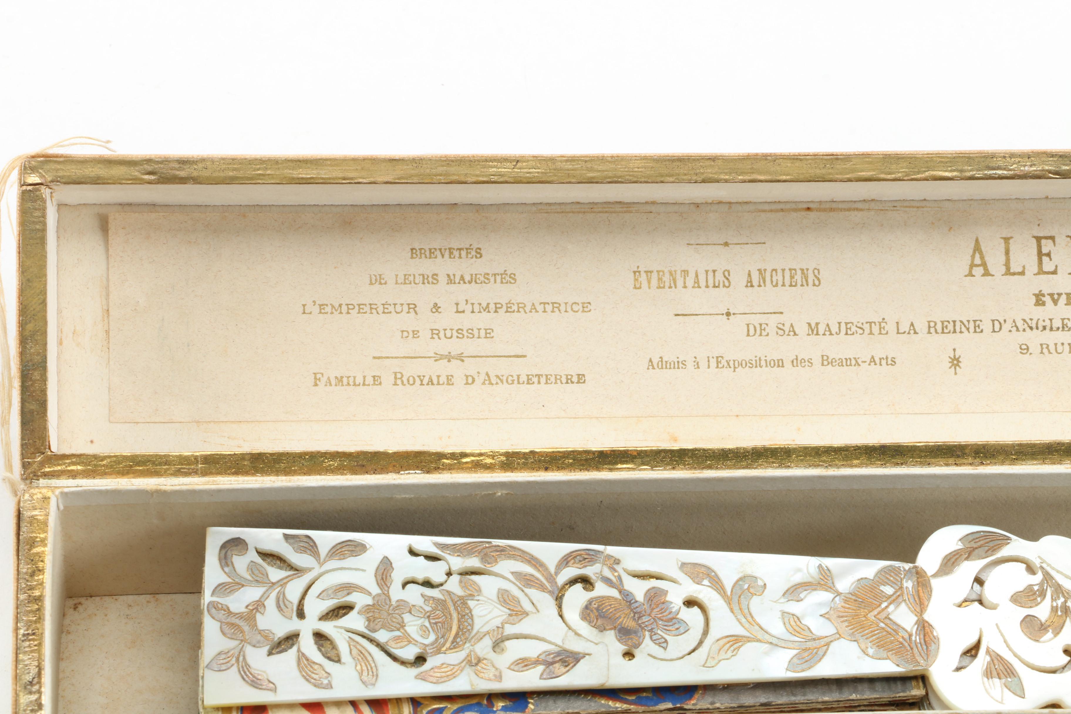 Antique Mother of Pearl and Gold Leaf Folding Fan and Félix Alexandre Fan Case