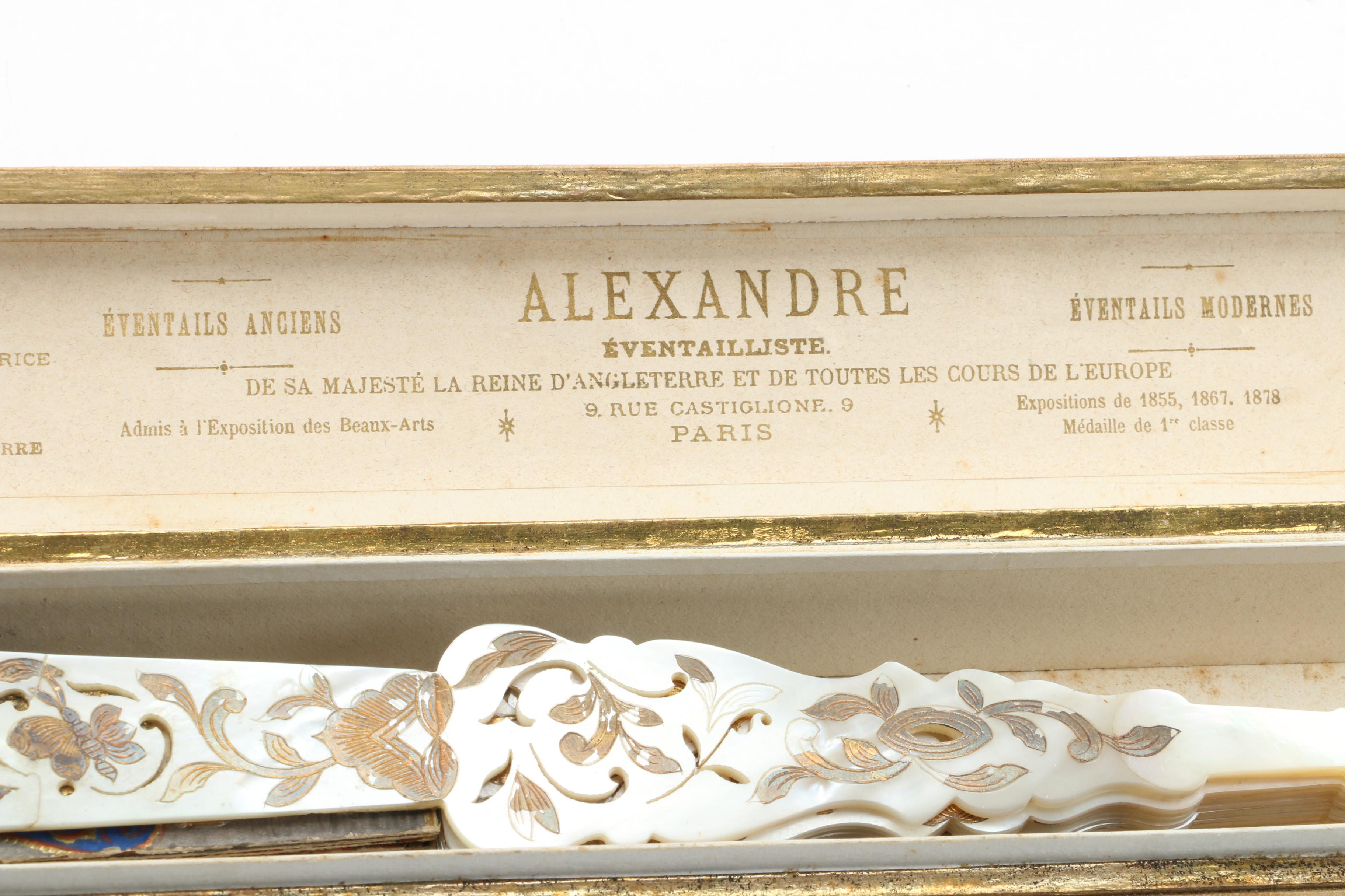 Antique Mother of Pearl and Gold Leaf Folding Fan and Félix Alexandre Fan Case