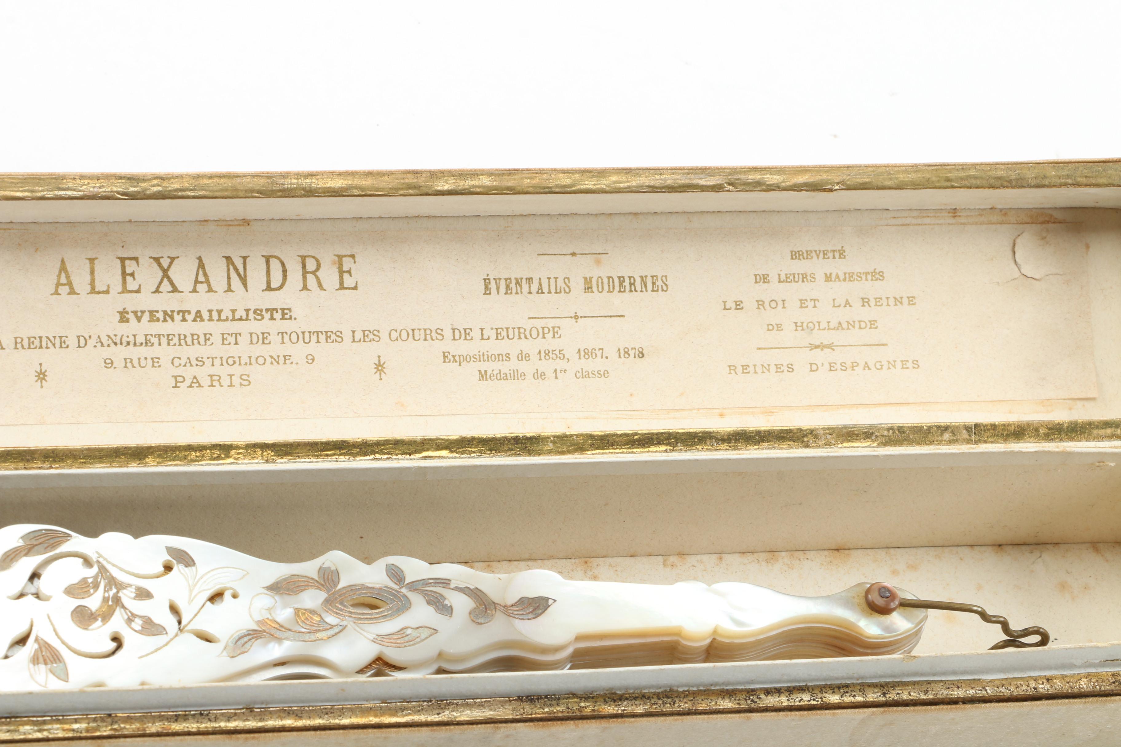 Antique Mother of Pearl and Gold Leaf Folding Fan and Félix Alexandre Fan Case