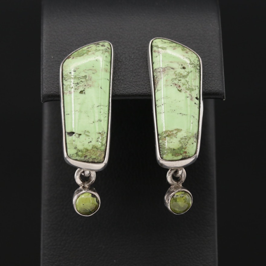 Signed Sterling Silver Gaspeite and Peridot Drop Earrings