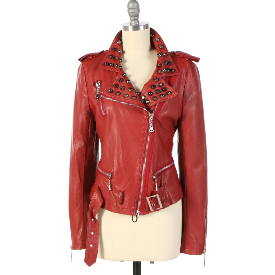 Believe-E Studded Red Synthetic Leather Motorcycle Jacket