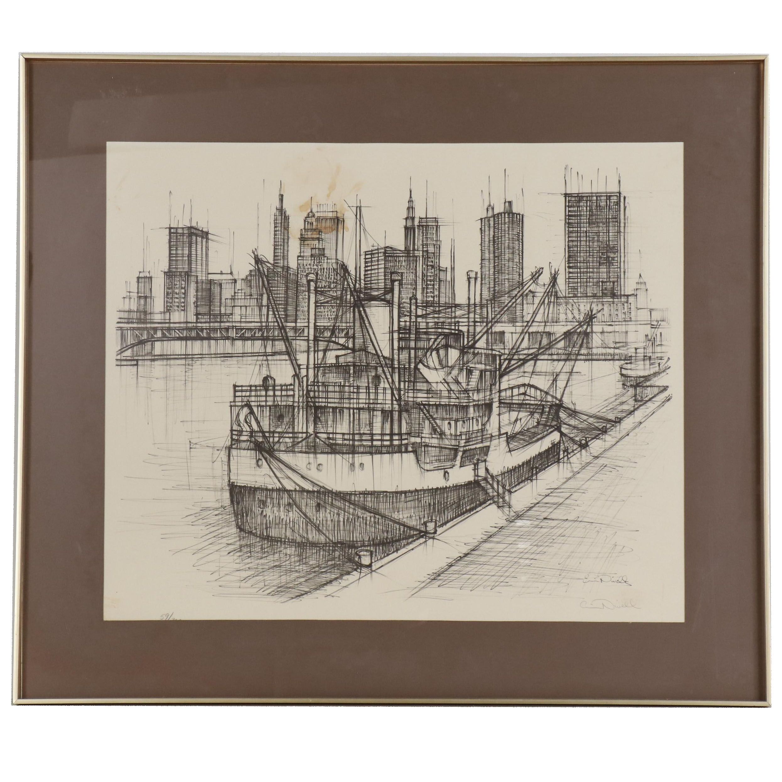 Eric Nivelle Lithograph of Cityscape with Harbor, Mid 20th Century