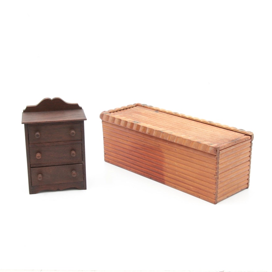 Salesman's Miniature Wooden Chest of Drawers and Decorative Wooden Box