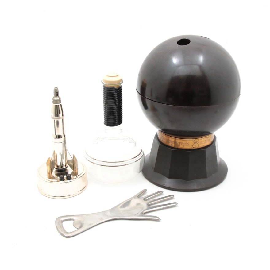 Evans Bakelite Bowling Ball Bar, Kent Art Deco Decanter and Bar Décor