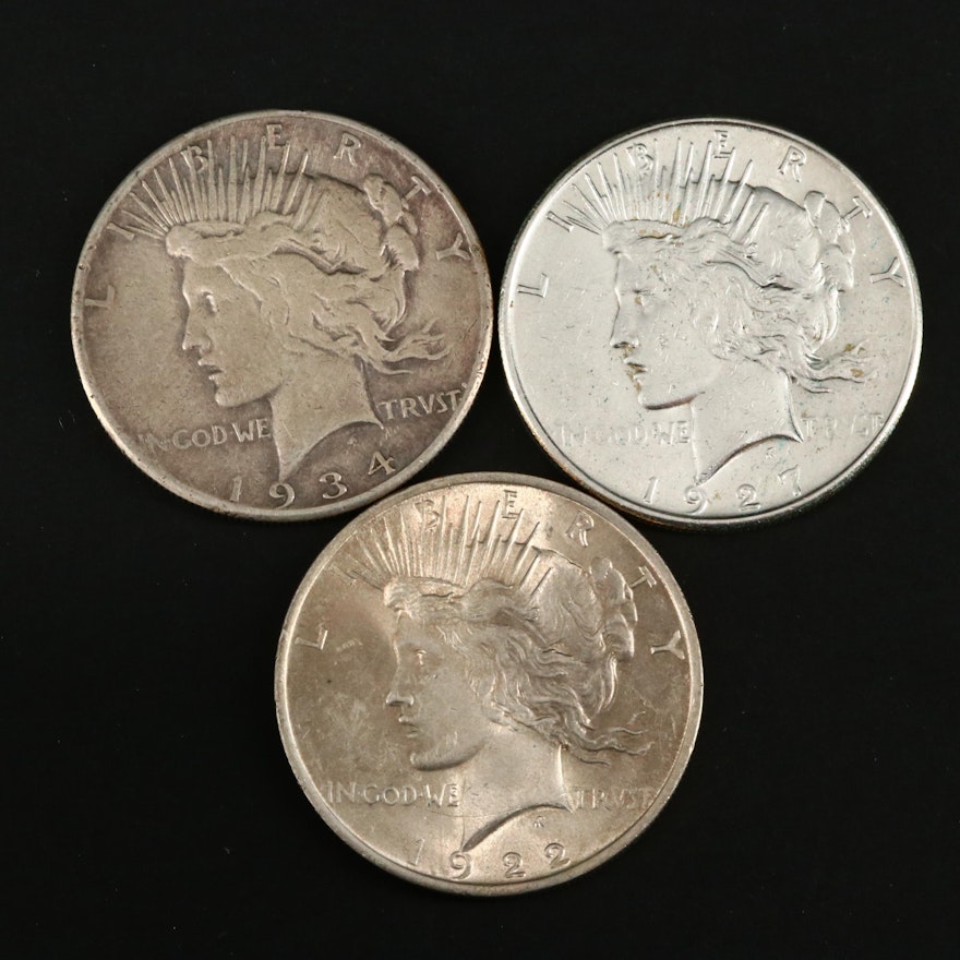 1922, 1927-S and Better Date 1934-S Peace Silver Dollars