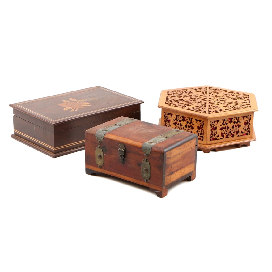 Floral Marquetry Mahogany Document Box with Miniatur Pine Chest and Fretwork Box