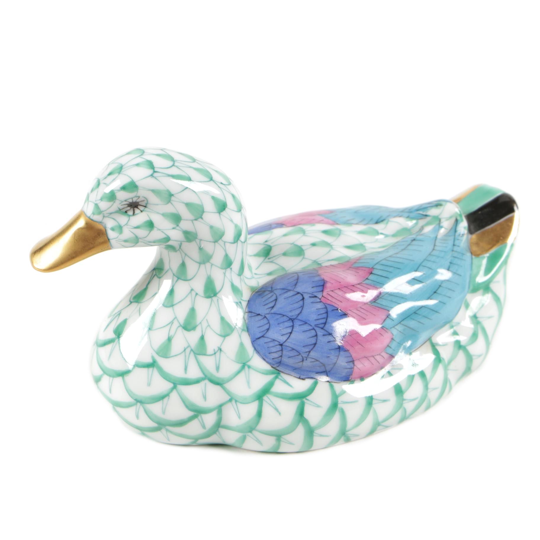 Herend Green Fishnet with Gold "Duck" Porcelain Figurine, January 1993