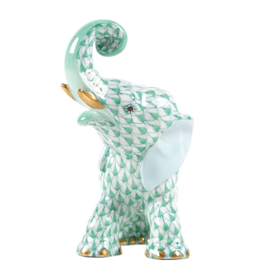 Herend Green Fishnet with Gold "Elephant" Porcelain Figurine, June 1996