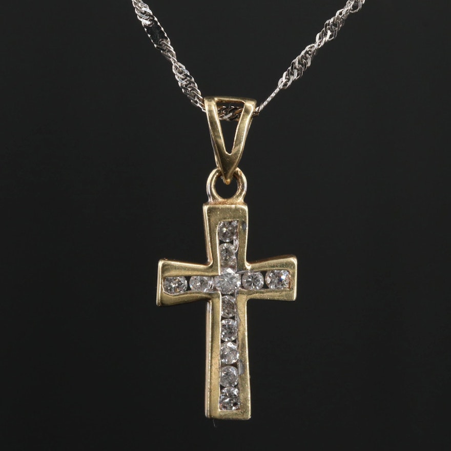 14K Yellow Gold Diamond Cross Pendant On 18K White Gold Curb Chain Necklace