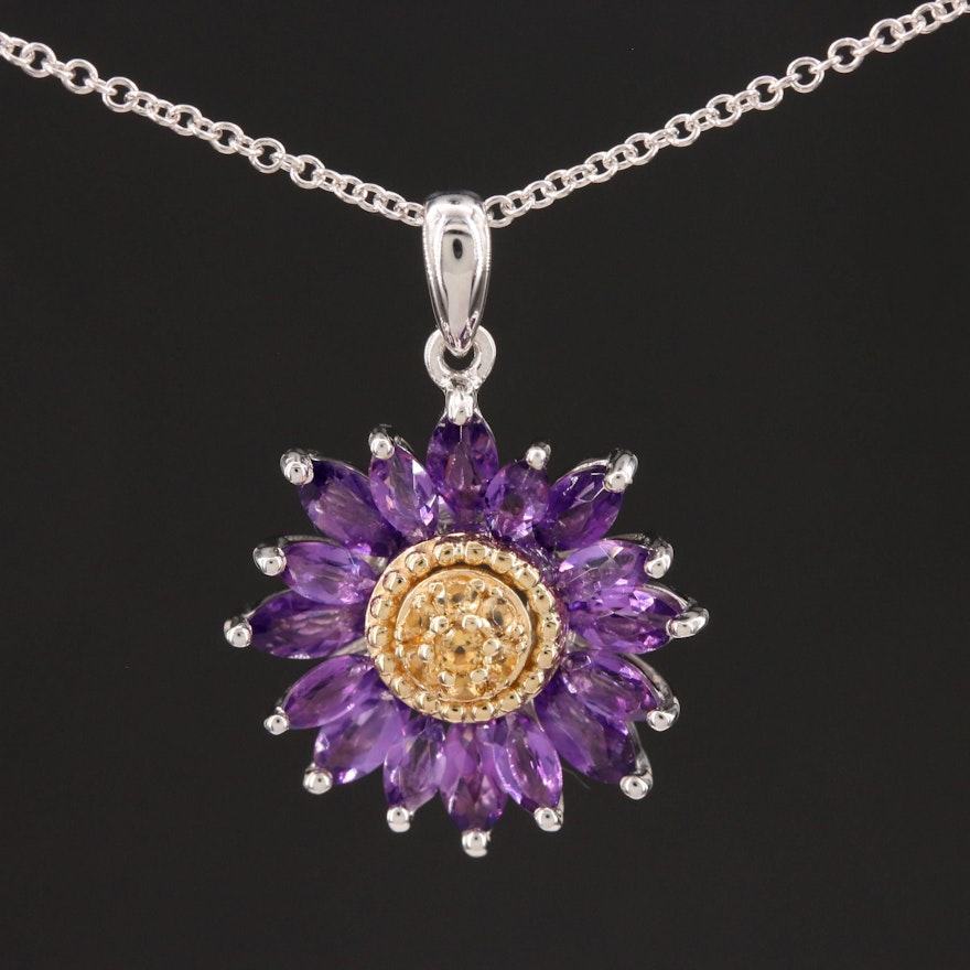 10K White Gold Amethyst and Citrine Station Necklace with Pendant