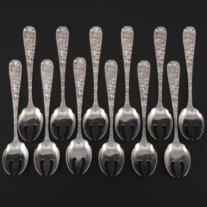 Stieff Sterling Silver "Stieff Rose" Ice Cream Forks, Set of Twelve