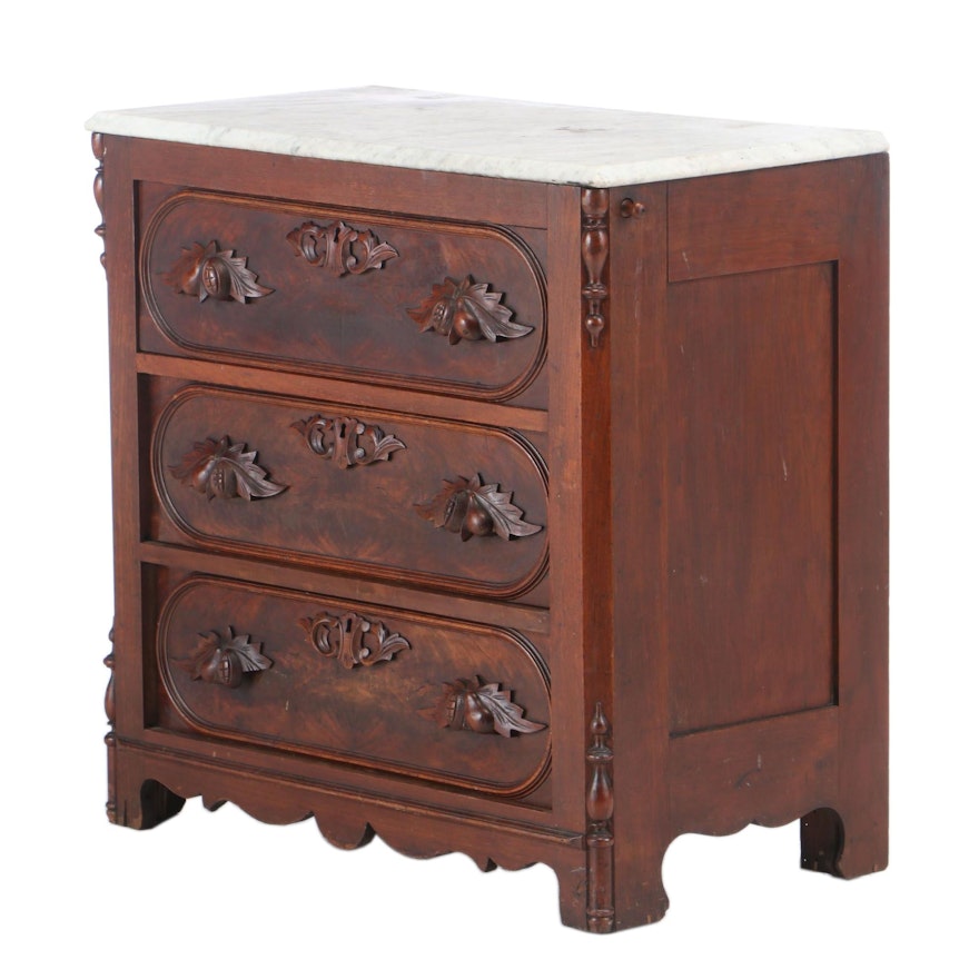 Victorian Marble Top Walnut and Burl Walnut Washstand, Late 19th Century